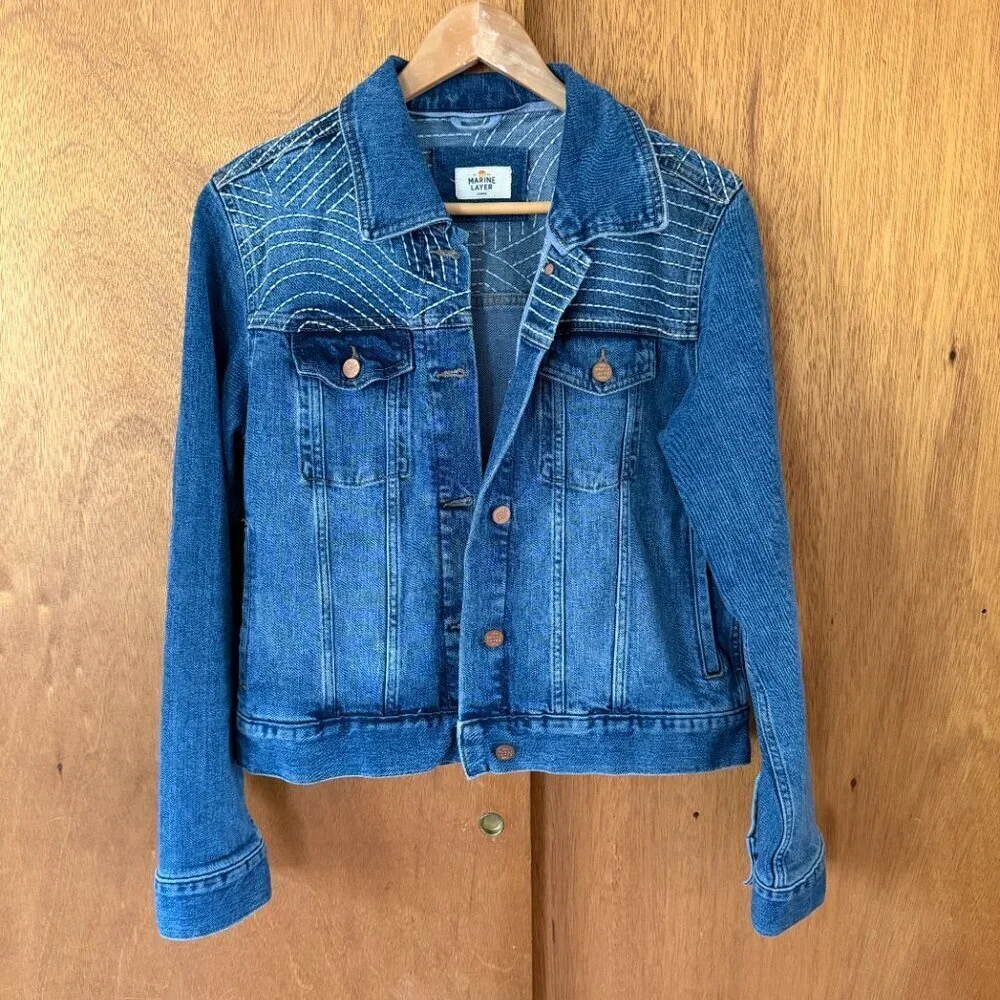 ❤️🔥Marine Layer - Blue Eileen Embroidered Denim Jacket - L - Picture 4 of 7
